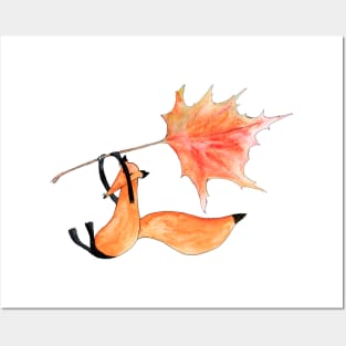 Flying fox with a maple leaf as a paraglider Posters and Art